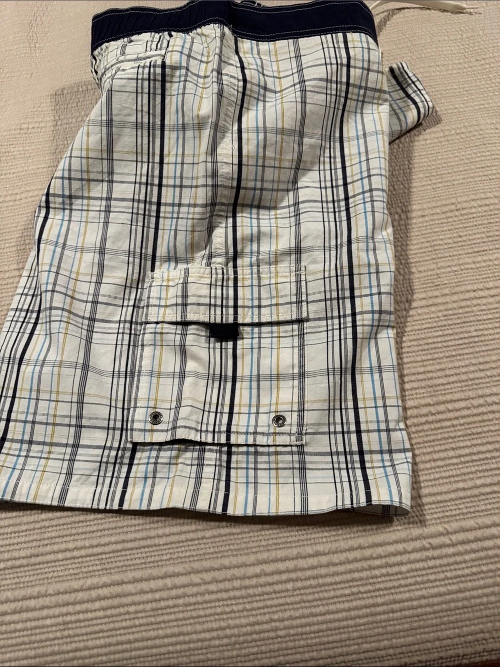 Merona Plaid Swim Trunks in White, Navy, and Yellow